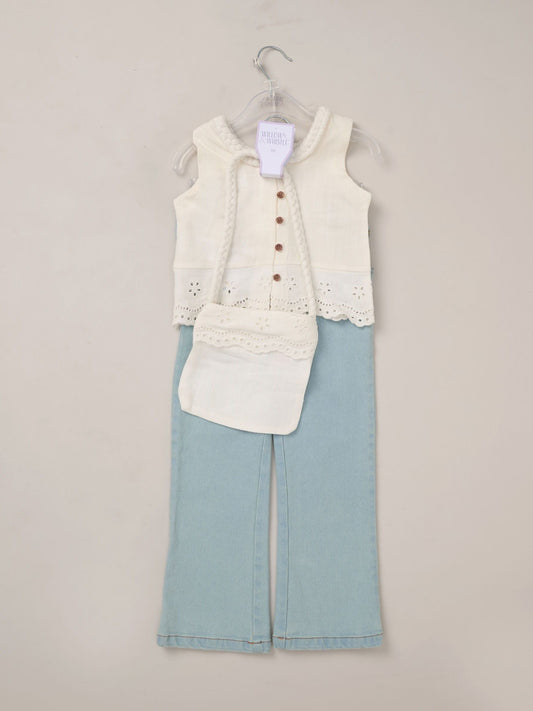 Dsiney Kidz - Miss White Broderie Crop Top Jeans And Bag Outfit Set image 2