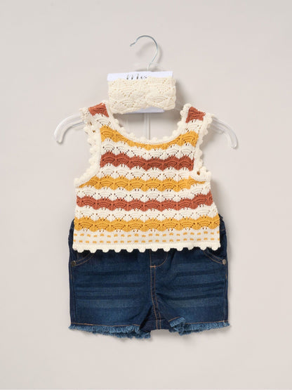 Miss Cream/Blue True Knit Top Shorts and Headband Outfit Set image 1