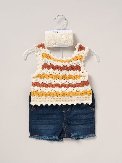 Dsiney Kidz - Miss Cream/Blue True Knit Top Shorts and Headband Outfit Set image 1