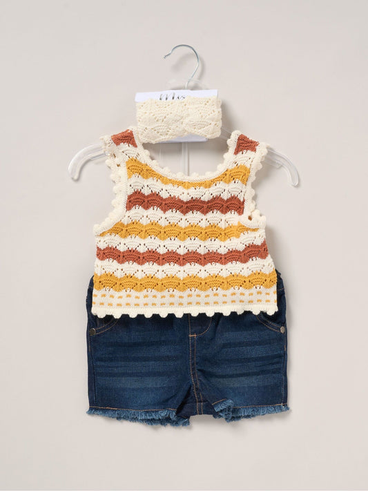 Miss Cream/Blue True Knit Top Shorts and Headband Outfit Set image 1
