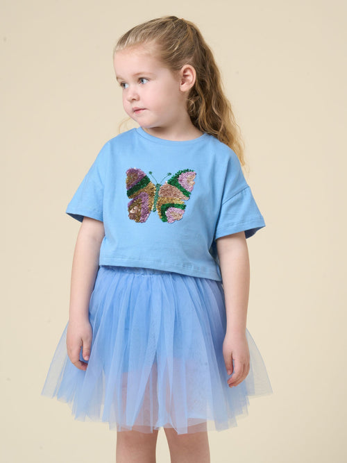 Miss Pale Blue Cropped Printed T-Shirt And Skirt Outfit Set image 1