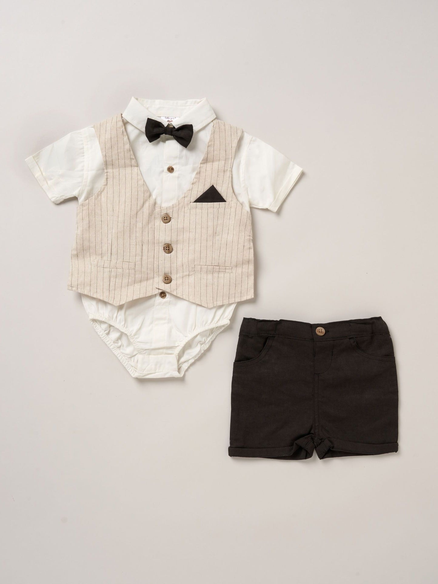 Little Gent Brown 100% Cotton Bodysuit Shirt With Mock Waistcoat Shorts And Bowtie Outfit Set image 1