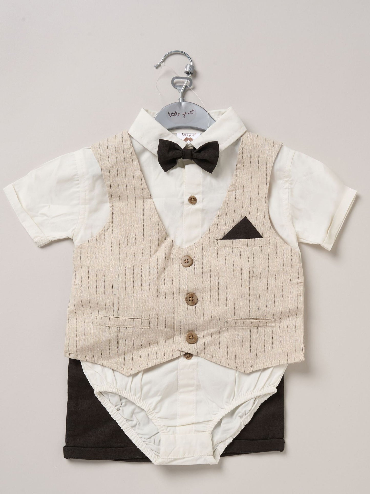 Little Gent Brown 100% Cotton Bodysuit Shirt With Mock Waistcoat Shorts And Bowtie Outfit Set image 2