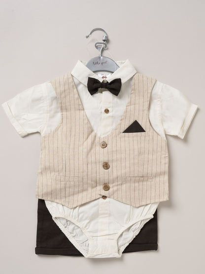 Little Gent Brown 100% Cotton Bodysuit Shirt With Mock Waistcoat Shorts And Bowtie Outfit Set image 2