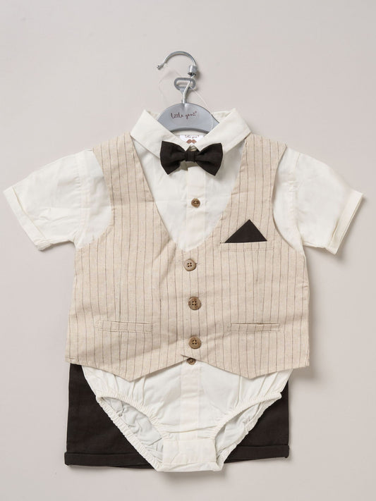 Little Gent Brown 100% Cotton Bodysuit Shirt With Mock Waistcoat Shorts And Bowtie Outfit Set image 2