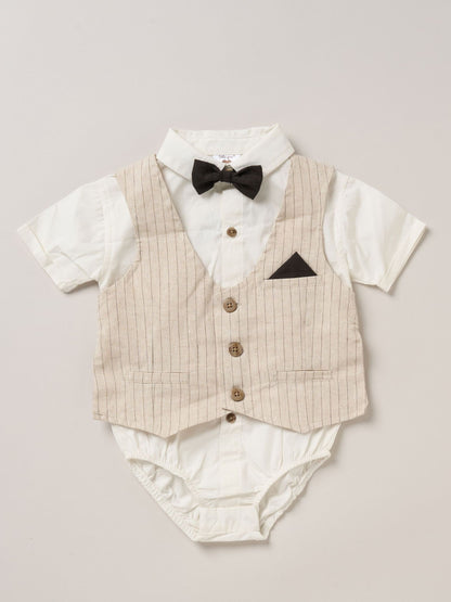 Little Gent Brown 100% Cotton Bodysuit Shirt With Mock Waistcoat Shorts And Bowtie Outfit Set image 3