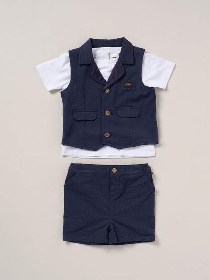 Little Gent Blue 100% Cotton Shirt Waistcoat Shorts Set image 1
