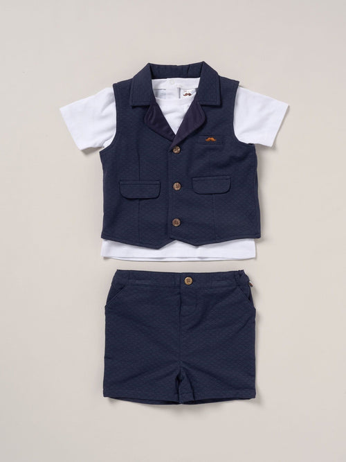 Little Gent Blue 100% Cotton Shirt Waistcoat Shorts Set image 1
