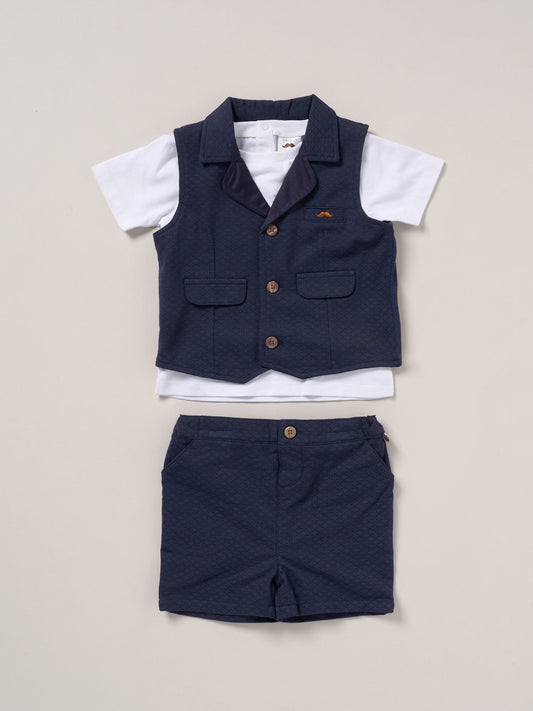 Little Gent Blue 100% Cotton Shirt Waistcoat Shorts Set image 1