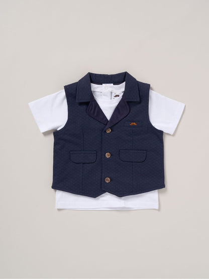 Little Gent Blue 100% Cotton Shirt Waistcoat Shorts Set image 4