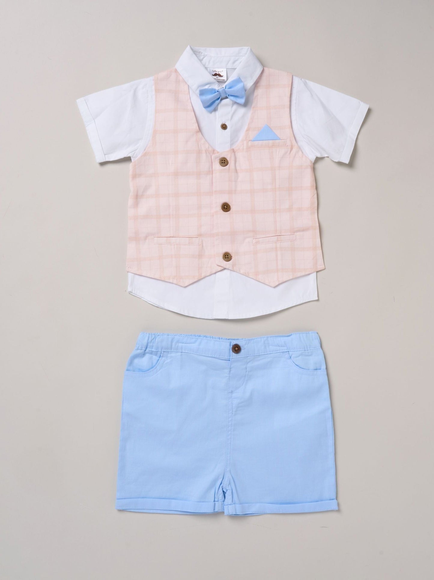 Little Gent Blue 100% Cotton Shirt With Mock Waistcoat Shorts And Bowtie Outfit Set image 1