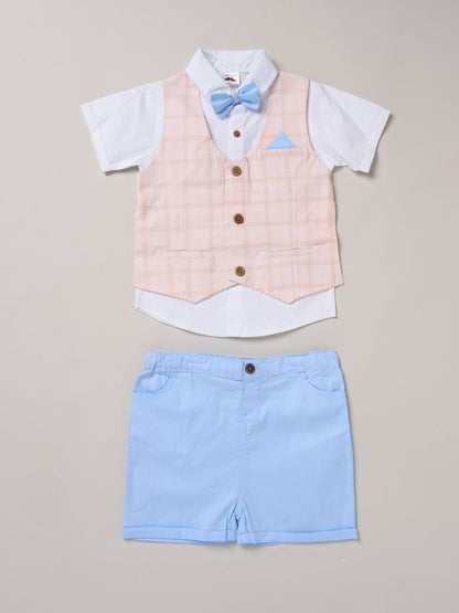 Little Gent Blue 100% Cotton Shirt With Mock Waistcoat Shorts And Bowtie Outfit Set image 1