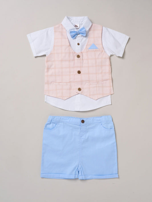 Little Gent Blue 100% Cotton Shirt With Mock Waistcoat Shorts And Bowtie Outfit Set image 1