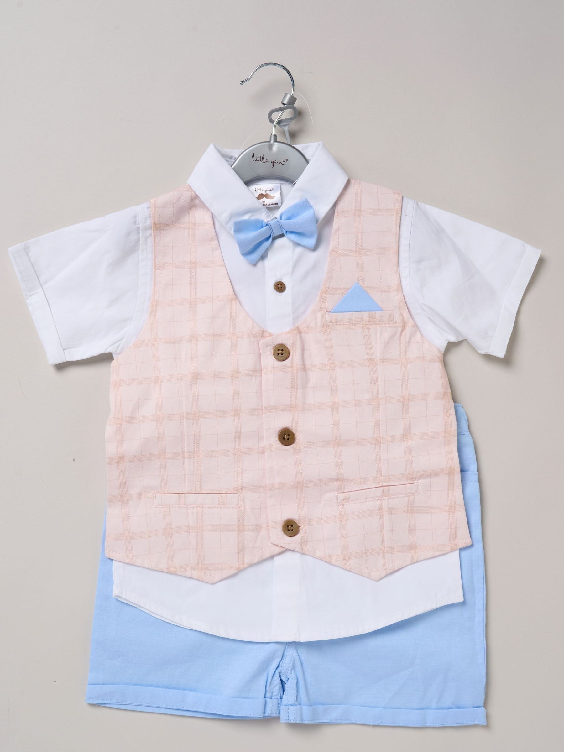 Little Gent Blue 100% Cotton Shirt With Mock Waistcoat Shorts And Bowtie Outfit Set image 2