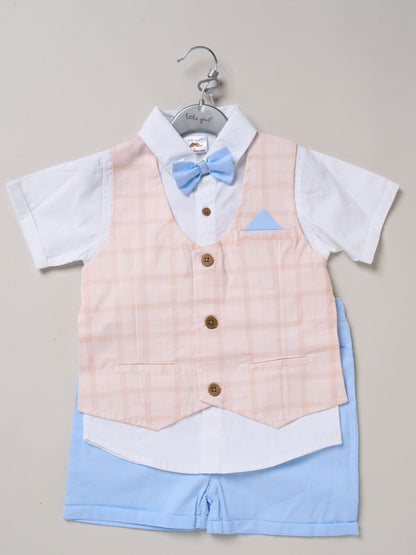 Little Gent Blue 100% Cotton Shirt With Mock Waistcoat Shorts And Bowtie Outfit Set image 2