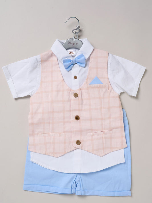 Little Gent Blue 100% Cotton Shirt With Mock Waistcoat Shorts And Bowtie Outfit Set image 2