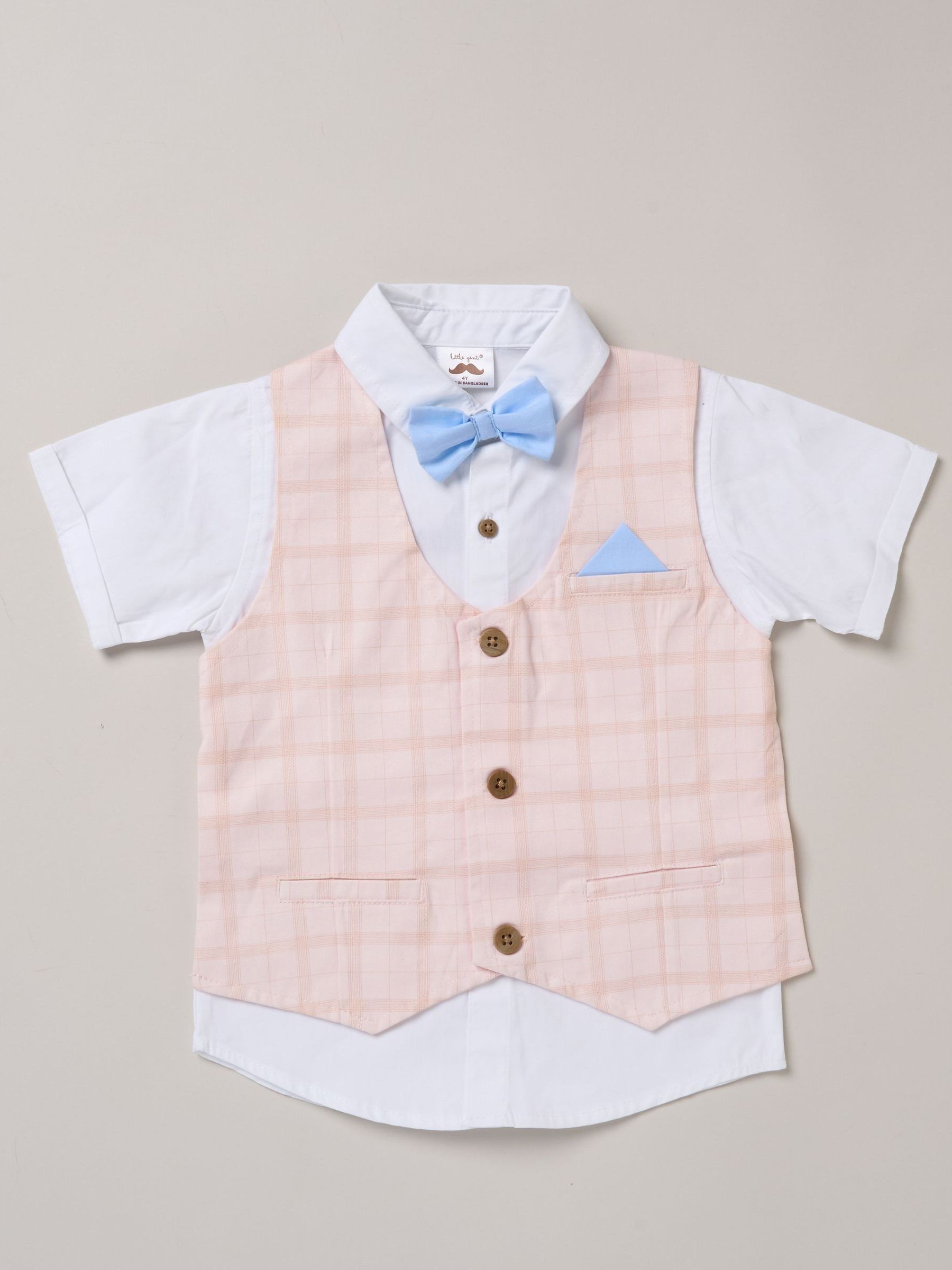 Little Gent Blue 100% Cotton Shirt With Mock Waistcoat Shorts And Bowtie Outfit Set image 3