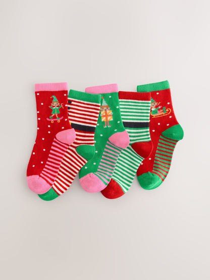 Red/Green Cotton Rich Christmas Character Print Ankle Socks 5 Pack image 1