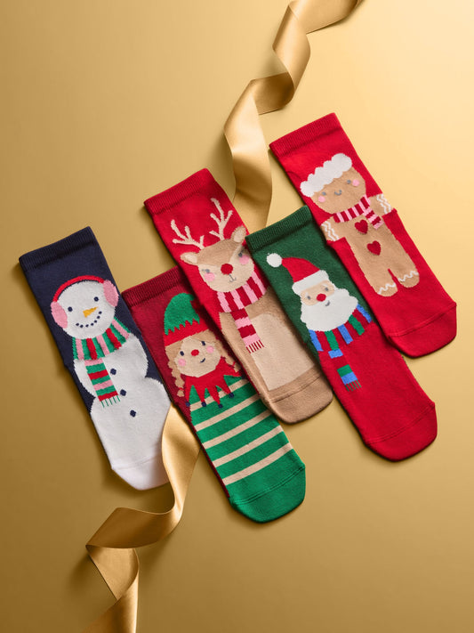 Red and Blue Cotton Rich Christmas Character Print Ankle Socks 5 Pack image 1