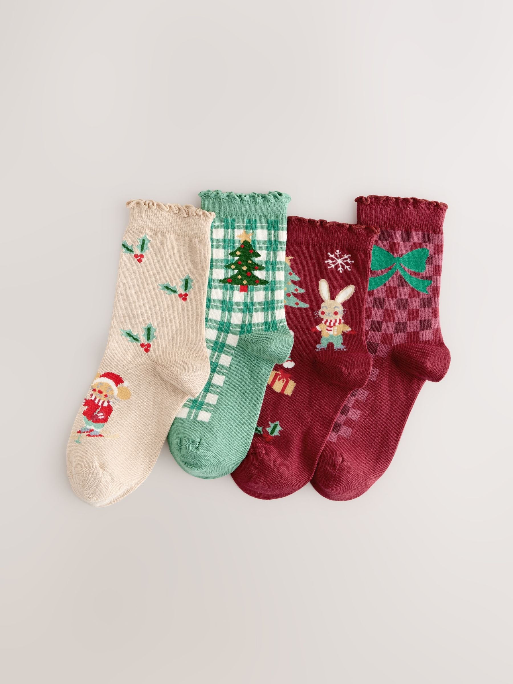 Red/Green and Cream Cotton Rich Christmas Character Ankle Socks 4 Pack image 1