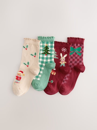 Red/Green and Cream Cotton Rich Christmas Character Ankle Socks 4 Pack image 1
