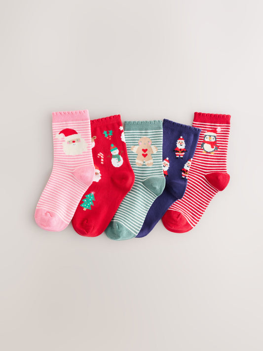 Red Green and Navy Blue Cotton Rich Christmas Character Print Ankle Socks 5 Pack image 1