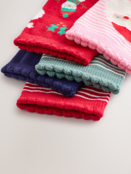 Red Green and Navy Blue Cotton Rich Christmas Character Print Ankle Socks 5 Pack image 3
