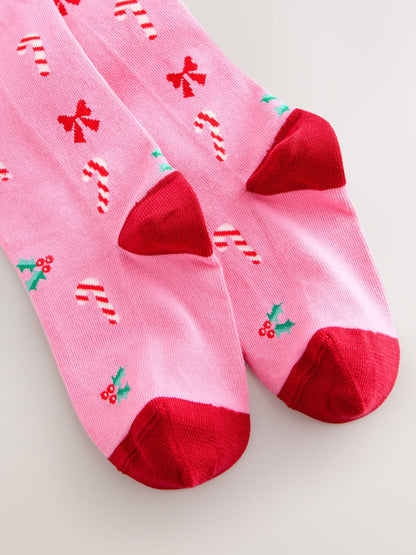 Pink Candy Cane Print Cotton Rich Christmas Tights image 3