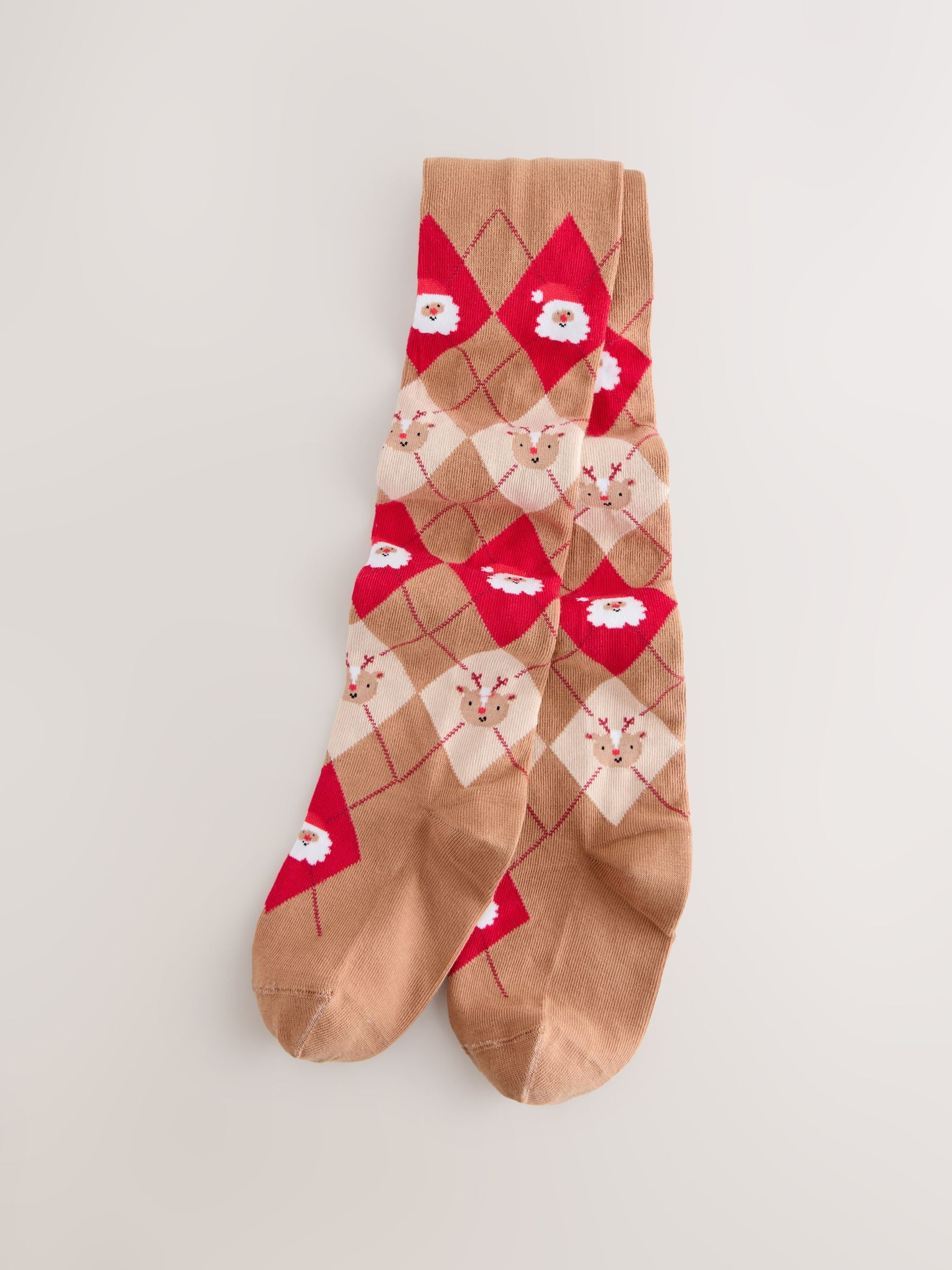 Neutral/Red Santa Argyle Cotton Rich Christmas Tights image 1