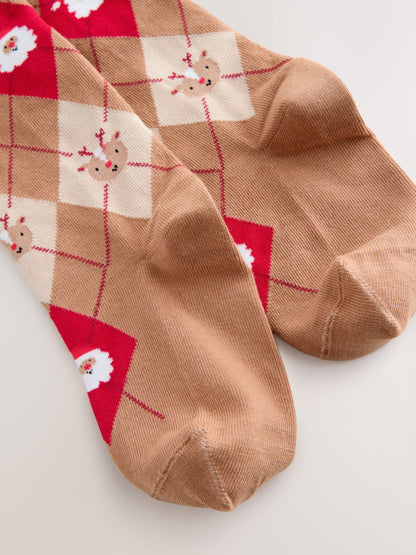 Neutral/Red Santa Argyle Cotton Rich Christmas Tights image 3