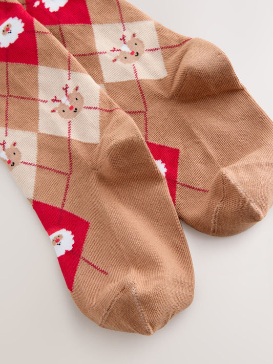 Neutral/Red Santa Argyle Cotton Rich Christmas Tights image 3