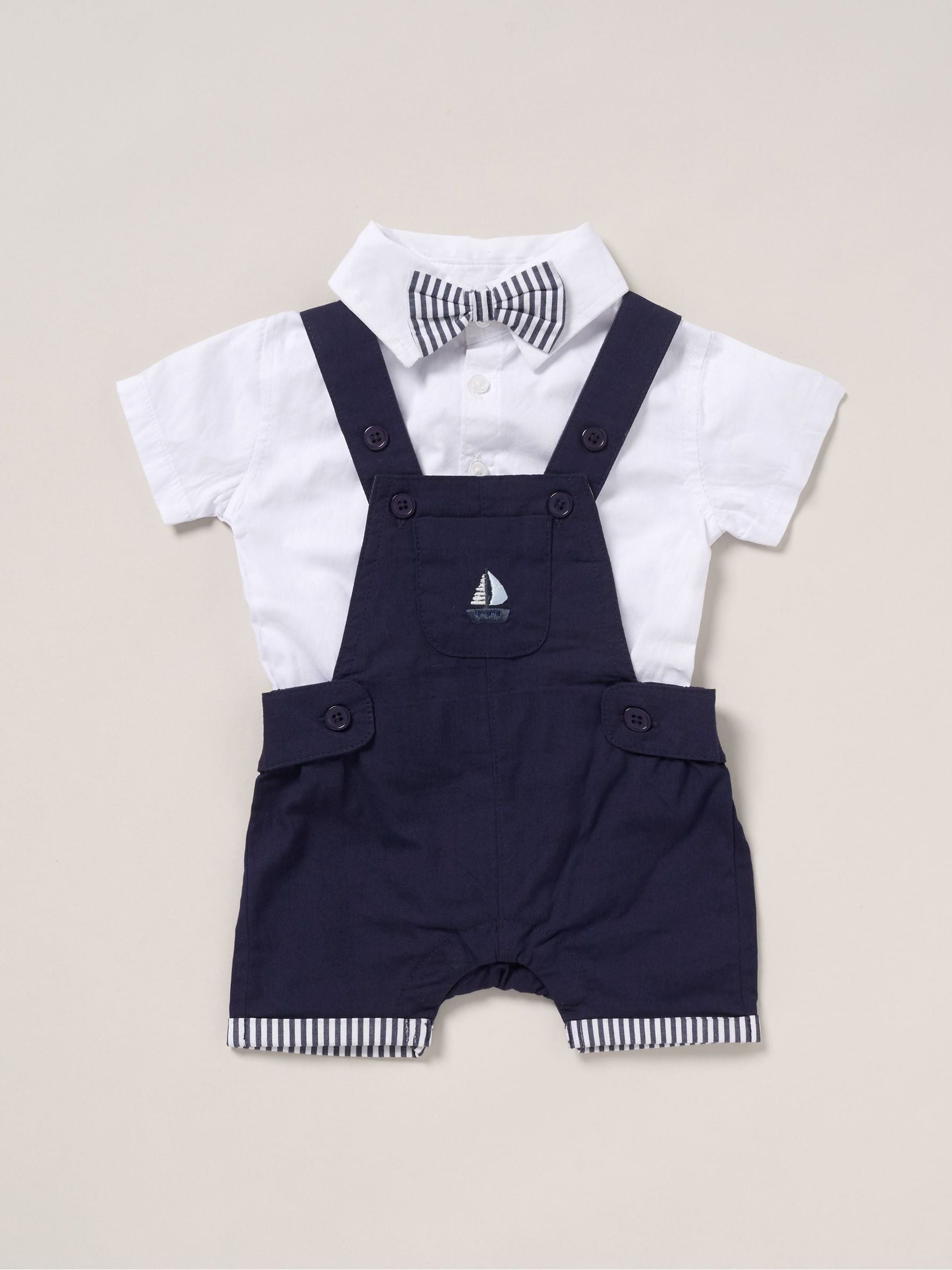 Little Gent Light Blue 100% Cotton Bodysuit Shirt Dungarees And Bowtie Outfit Set image 1