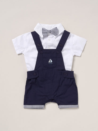 Little Gent Light Blue 100% Cotton Bodysuit Shirt Dungarees And Bowtie Outfit Set image 1