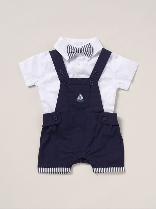 Little Gent Light Blue 100% Cotton Bodysuit Shirt Dungarees And Bowtie Outfit Set image 1