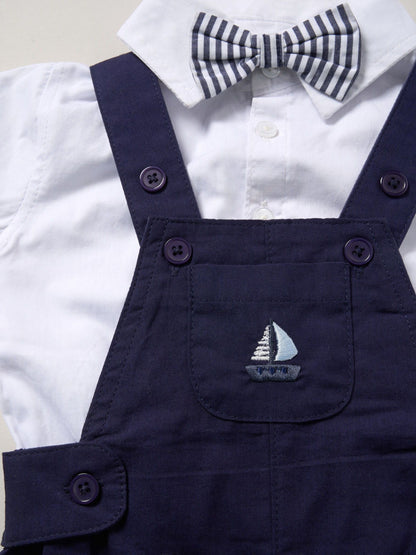 Little Gent Light Blue 100% Cotton Bodysuit Shirt Dungarees And Bowtie Outfit Set image 2