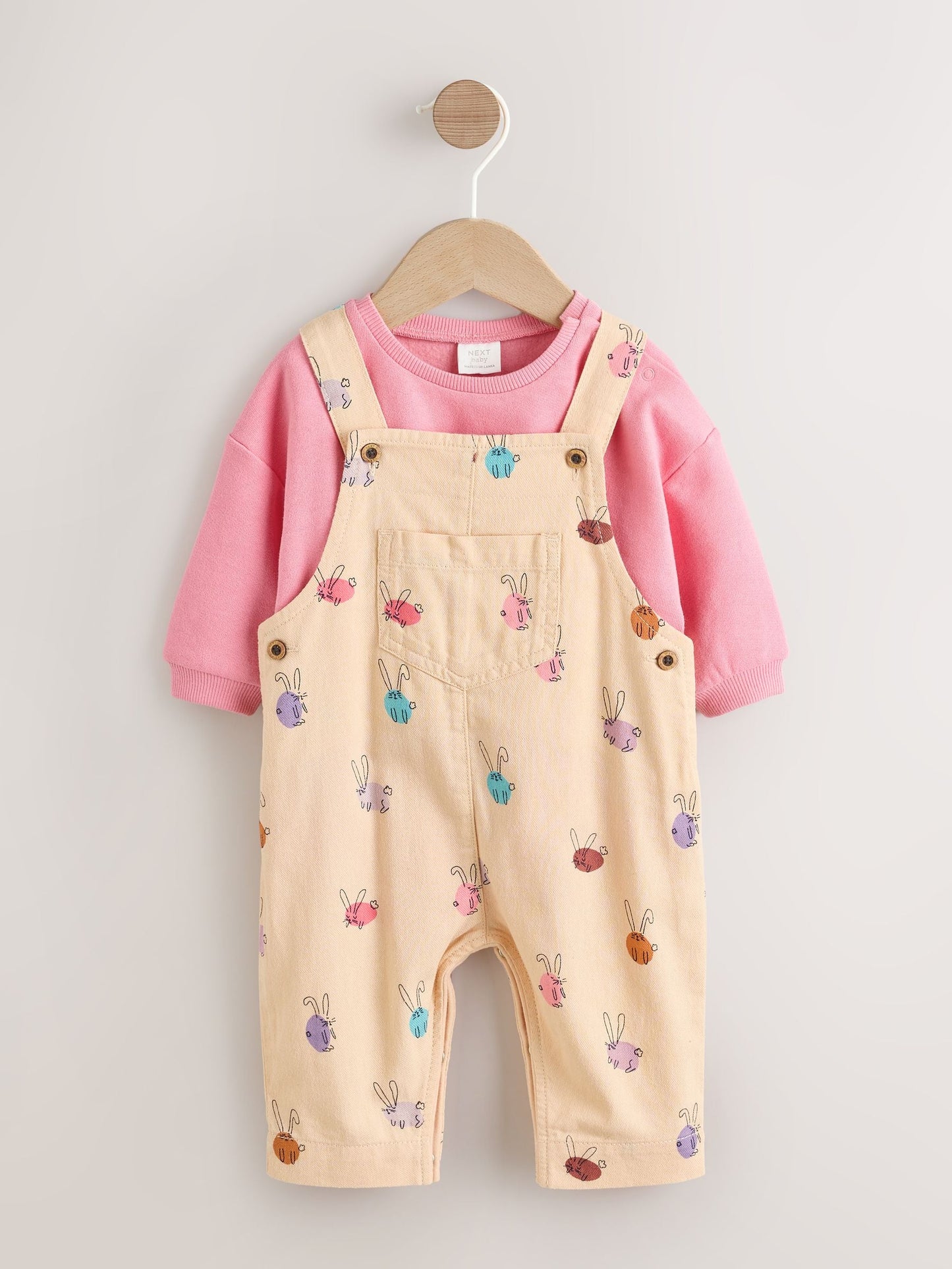 Cream/Pink Rabbit Baby Dungaree and Bodysuit Two Piece Set (0mths-3yrs)