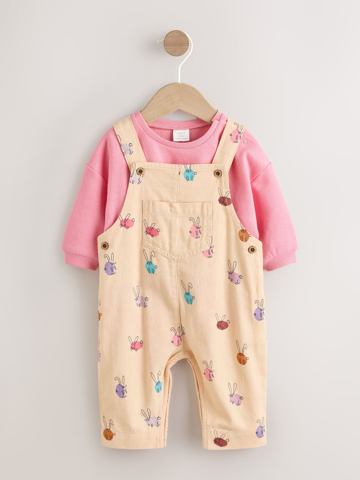 Cream/Pink Rabbit Baby Dungaree and Bodysuit Two Piece Set (0mths-3yrs) image 1