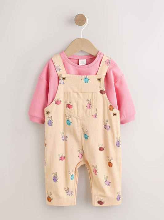 Cream/Pink Rabbit Baby Dungaree and Bodysuit Two Piece Set (0mths-3yrs)
