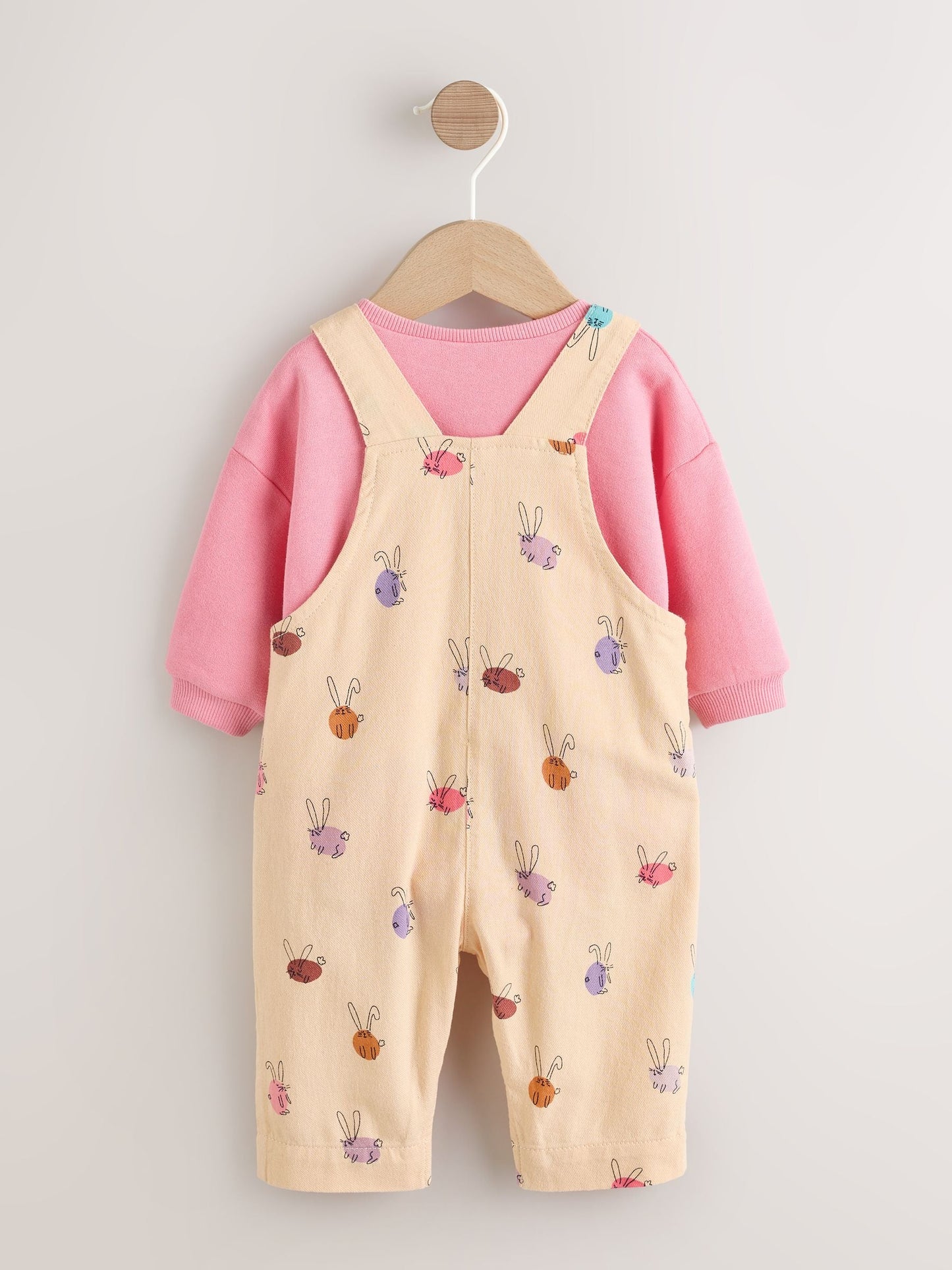 Cream/Pink Rabbit Baby Dungaree and Bodysuit Two Piece Set (0mths-3yrs)