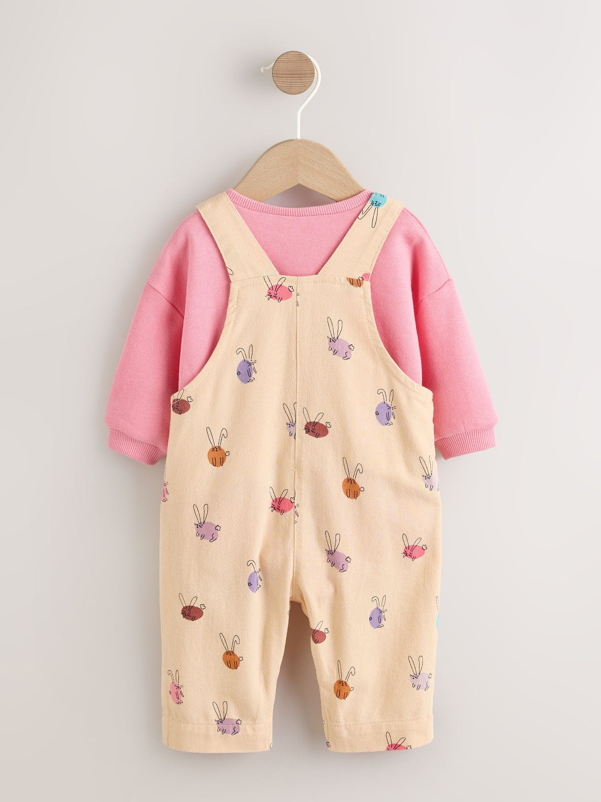 Cream/Pink Rabbit Baby Dungaree and Bodysuit Two Piece Set (0mths-3yrs) image 2