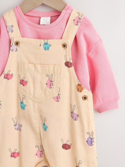 Cream/Pink Rabbit Baby Dungaree and Bodysuit Two Piece Set (0mths-3yrs)