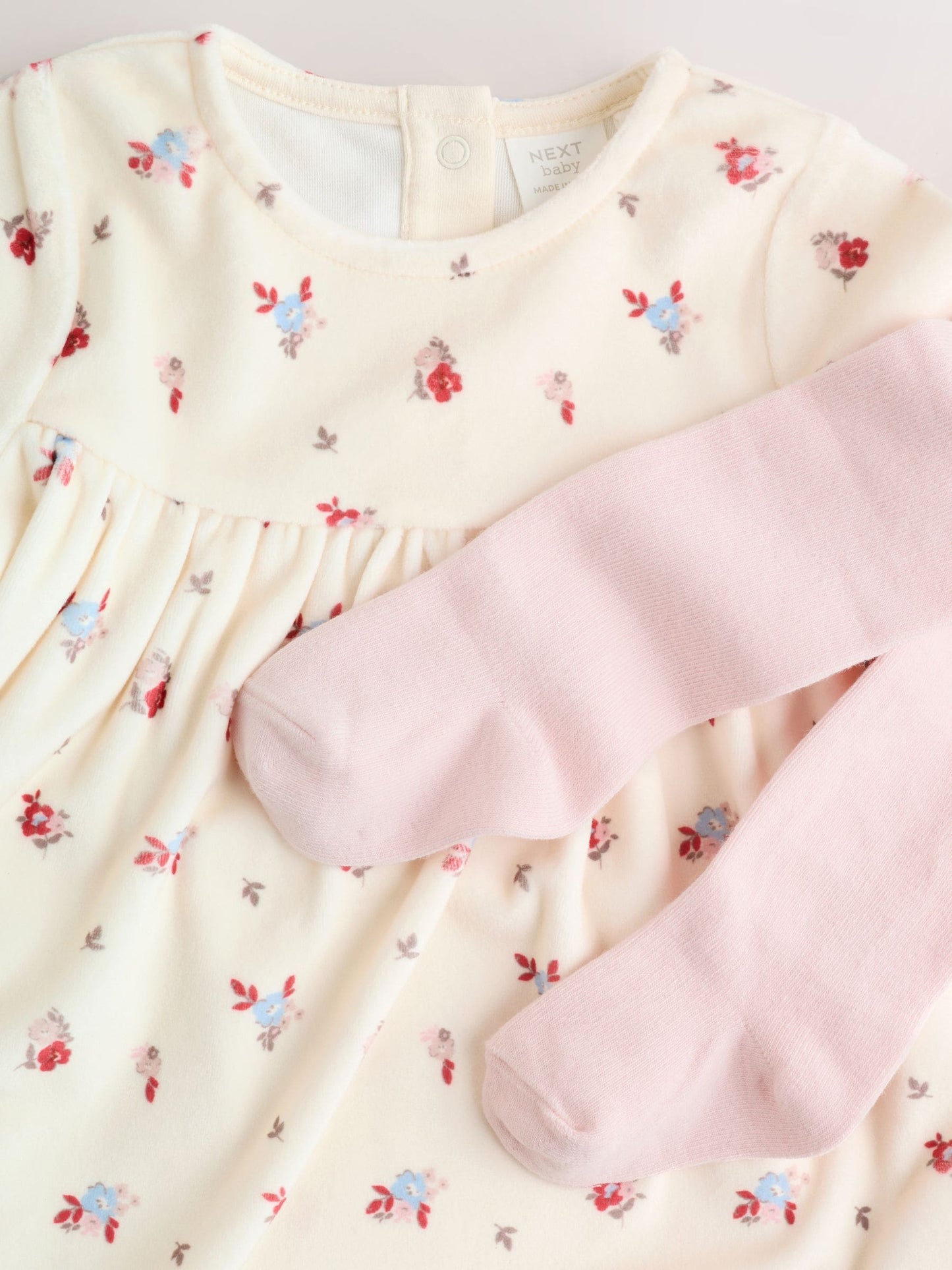 Cream Ditsy Baby Long Sleeve Velour Dress and Tights Set 2 Piece (0mths-2yrs) image 3