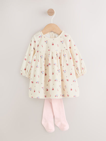 Cream Ditsy Baby Long Sleeve Velour Dress and Tights Set 2 Piece (0mths-2yrs) image 1