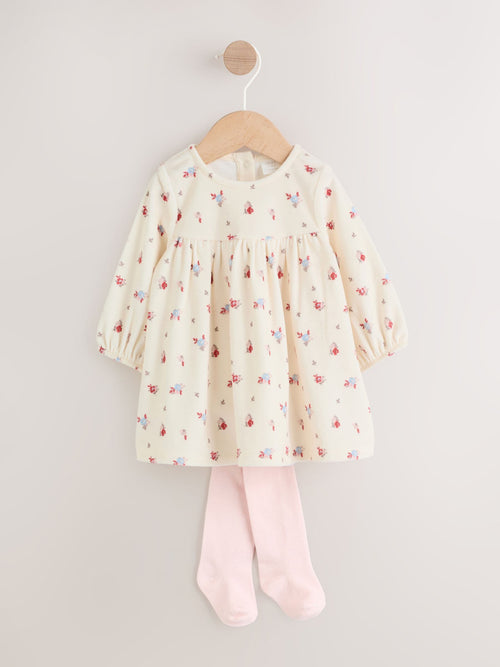 Cream Ditsy Baby Long Sleeve Velour Dress and Tights Set 2 Piece (0mths-2yrs) image 1