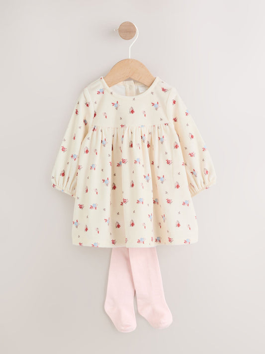 Cream Ditsy Baby Long Sleeve Velour Dress and Tights Set 2 Piece (0mths-2yrs) image 1