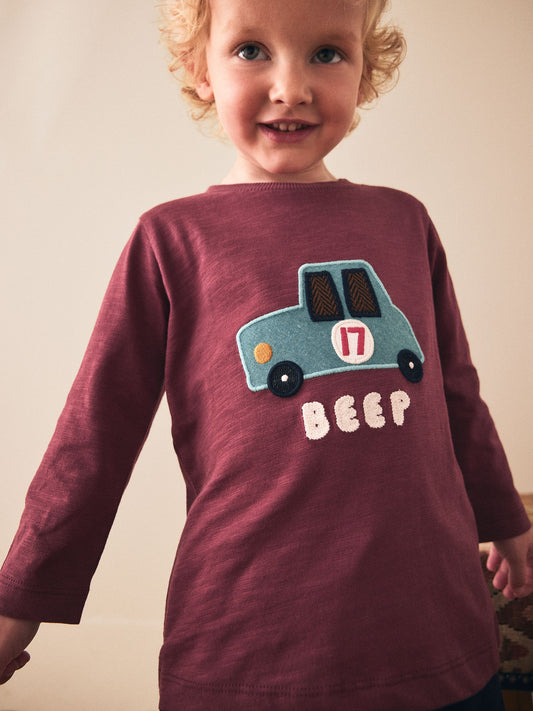 Berry Red Car Long Sleeve Appliqué T-Shirt (3mths-7yrs) image 1