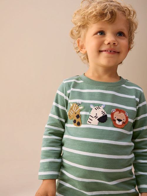 Green/White Stripe Safari Long Sleeve Appliqué T-Shirt (3mths-7yrs) image 1