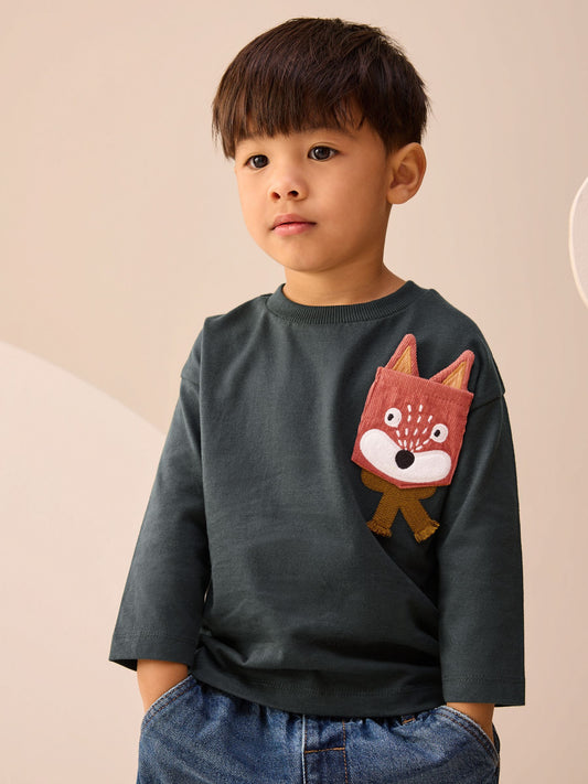 Grey Fox Pocket Long Sleeve Appliqué T-Shirt (3mths-7yrs) image 1