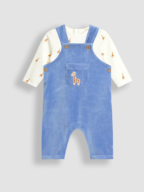 JoJo Maman Bébé Blue Giraffe Rib Velour Dungaree & Body Set image 1