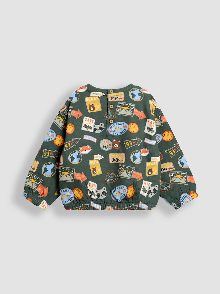 JoJo Maman Bébé Khaki Green Adventure Badge Printed Sweatshirt